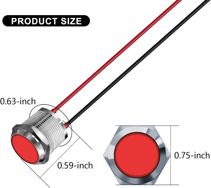 FICOLPO 10 قطع ضوء مؤشر معدني LED مقاوم للماء، 12-24 فولت، ثقب تركيب بقطر 0.63 بوصة، ضوء إشارة طيار موصل مسبقًا للسيارات والشاحنات والقوارب والبحرية والعدادات والكهرباء الصناعية (أحمر، 16 مم) - Image 3